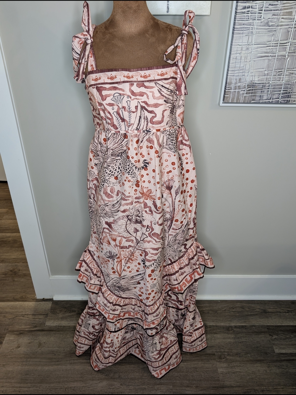 Marchesa ROSA Pink Tie-Shoulder Maxi Dress with Ruffle Hem Sz 10